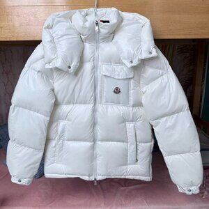Moncler down jacket, white with hood, warm, waterproof, women's, size M